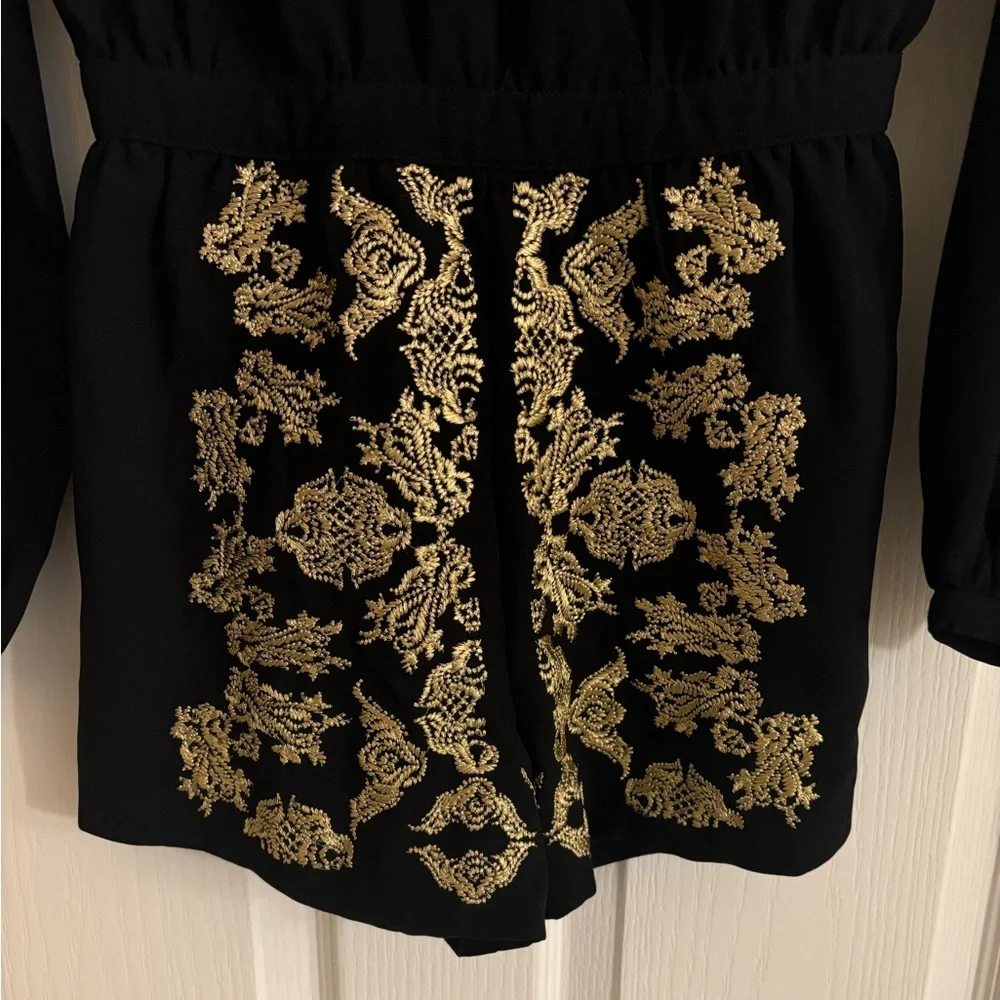 LOVERS + FRIENDS Long Sleeve Black Romper with Gold Brocade Details Size XS - Picture 7 of 13